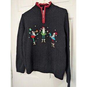 Christopher & Banks Christmas Santas Holiday Sweater Womens XL Black Embroidered